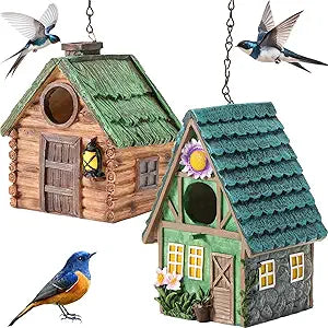 DoubleFill 2 Pcs Birdhouse for Outside Hanging Bird Houses for Outdoor Colorful Decorative Cute Resin Birdhouses for Outside Indoors Nesting Garden Backyard Decor, for Bird Lovers(Basic)
