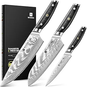 WIZEKA Damascus Chef Knife Set: 3 PCS,Super Sharp Kitchen Knives: Made of Japanese Steel VG10: Full Tang Professional Chef Knife Set With G10 Ergonomic Handle, Mothers Day