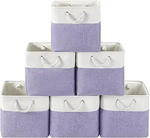 13 x 13 Inch Cube Storage Bins, 6 Pack Fabric Storage Basket with Handles, Foldable Boxes Organizer for Shelf Baskets for Home, Clothes (White/Purple)