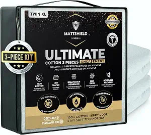 MATTSHIELD Ultimate 3-Piece Kit - Bed Bug-Proof Mattress Cover Twin XL - Organic Cotton Top + 2 Pillow Protectors with Zipper - 6 Sided Waterproof Encasement, Total Defense Kit