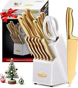 Marco Almond Gold Knife Set, Knife Block Set MA21,Titanium Coated 14 Pieces Stainless Steel Chef Gold Kitchen Knife Sets with White Block