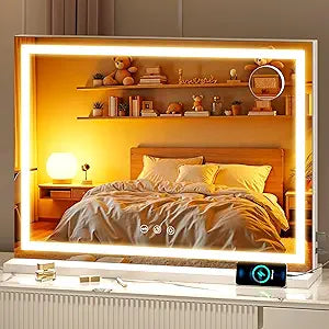 Vanity Mirror with Lights, 28" x 20" LED Makeup Mirror with 10X Magnification, Dimmable 3 Modes, Memory Function, Smart Touch, USB Charging Port, Lighted Makeup Mirror Square White