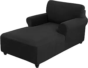 Chaise Cover, Fitted Sofa Slipcover for Chaise with Double Arm, Stretch Chair Slip Cover, Cushion Protector Furniture Protector (Black, Small Checks)