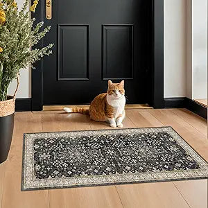 2x4 Entryway Runner Rugs, Small Runners for Kitchen, Door Mat Indoor Entrance, Bathroom, Non-Slip Low-Pile Washable Stain Resistant, Vintage Ashen Charcoal Floral Decor (Ashen/Multi)