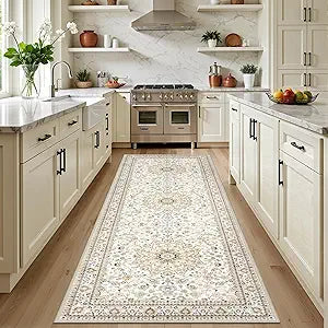 Hallway Runner Rug Non Slip - Washable 2.6x8 Kitchen Rugs for Living Room, Low-Pile Soft Bedroom Rug Indoor Floor Stain Resistant Carpets for Entryway, Laundry, Bathroom Beige