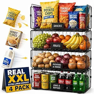 4 PACKS XXL Kitchen Organization and Storage Pantry Baskets, Fruit & Vegetable Basket for Kitchen Cabinet, Stackable Wire Baskets for Snack Chips Onion Potato Cans