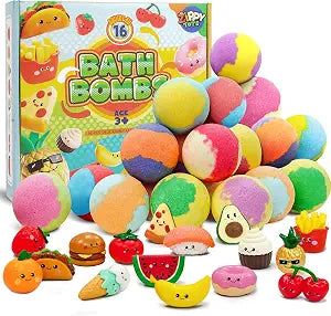 Zippytots Kids Bath Bombs with Food Toys Inside, 16 Pack Colorful Surprise Bath Fizzies Set, Organic Fizzy Bubble Bath Bombs for Girls & Boys, Ages 3+