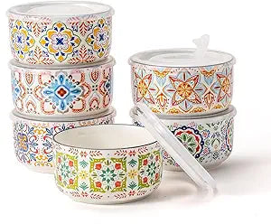 Ceramic Bowl with Lid: Microwave Safe Soup Containers Set of 6 for Meal Prep, Cereal, Salad, Picnic, Camping, Office Lunch, Kitchen Food Storage - 5 Inch, 20 oz, Design B