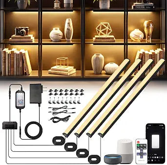 SHUNLEE Black Shelf Lighting, LED Bookshelf Lights Compatible with Alexa, Under Shelf Lighting WiFi Dimmable 2700K with App, Remote, Memory Function for Bookcase, Display Case, Cabinets(12in 4Pcs)