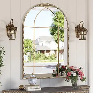 Gold Arched Window Beaded Mirror, 24" x 36" Arched Champagne Bronze Brass Mirror with Metal Frame, Vintage Antique Mirrors, Decorative Wall Mirror for Living Room, Bedroom, Entryway