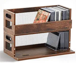 Jetec 2 Set Retro CD Storage Box - Father's Gift for Dad, Metal & Wood Holder Shelf with Handles, Cassette & DVD Organizer, Holds up to 36 CDs & Movie Cases, Vintage Display Rack