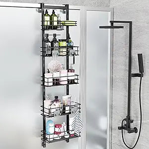 Orimade Over the Door Shower Caddy Adjustable 5 Tier Black,Bathroom Hanging Organizer Shelf Rustproof with 4 Hooks,Shower Basket with Soap Holder and Suction Cup