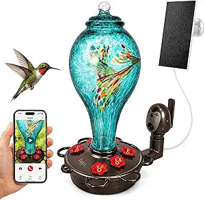 LUJII Smart Hummingbird Feeder with Camera for Outdoor Hanging, Hand Blown Glass, Solar WiFi Feeder with Live View App, 6 Feeding Ports, Leak-Resistant Design, Ant Moat & Gift Box, 36 fl oz, Teal