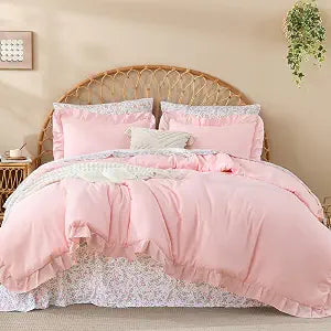 Litanika Queen Size Comforter Sets - 7 Pieces Ruffle Pink Bed in a Bag, Soft Farmhouse Bedding Sets with Ruffled Comforter, Floral Sheets, Pillowcases & Shams