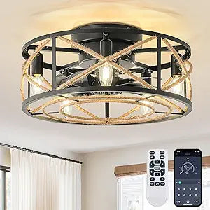 18 Inch Farmhouse Caged Ceiling Fan with Light, Flush Mount Rattan Fandelier Ceiling Fan with Light, 6 Speed, Reversible, Boho Low Profile Ceiling Fan for Bedroom, Kitchen, Indoor