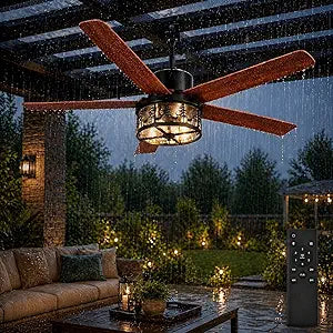 52 Inch Outdoor Farmhouse Rustic Ceiling Fan with Light, Plug in Rustic Deer Antler Ceiling Fan, IP65 Waterproof Ceiling Fan with Remote and Reversible Motor, Gazebo Fan for Patio Porch