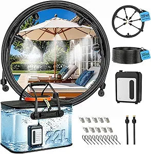 Bluepro 50FT Portable Misting System for Cooling, Misters for Outside Patio with 5.8Gal Foldable Tank, 5200mAh Pump (IPX8) & 8 Adjustable Brass Nozzles for Umbrella, Camping, Golf Cart, Sport