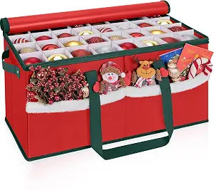 Christmas Ornament Storage Box with Adjustable Dividers Zippered Top Stores up to 128 Holiday Ornaments (3 Inch) Xmas Ball Decorations Organizer Storage Container Bin