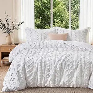 Maple&Stone Boho Duvet Cover Queen, White Tufted 3-Piece Set