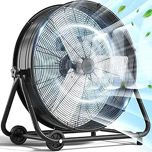 LifePlus 24 Inch Industrial Drum Fan, High Velocity Floor Fan, 3 Speed Heavy Duty Metal Air Circulator, 360┬░ Tilt with Casters Handle ETL Standard for Patios, Warehouse, Commercial, 8900 CFM