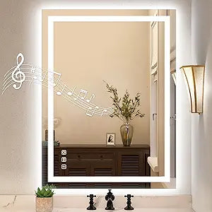STARLEAD Led-Bathroom-Mirror-with-Lights, 24"X32" Wall-Mounted with 3 Colors Dimmable Light, Bluetooth Speaker, Anti-Fog, Memory, Tempered Glass, Front & Backlit (Horizontal/Vertical)