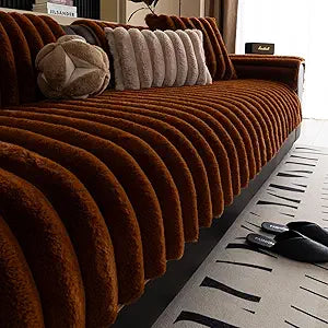 Faux Rabbit Fur Couch Sofa Cover Washable, Shaggy Fuzzy Sectional Couch Cover, Stripe Non-Slip Soft Plush Sofa Slipcover Furniture Protector for Dogs, Pets (Dark Coffee,36"x70")