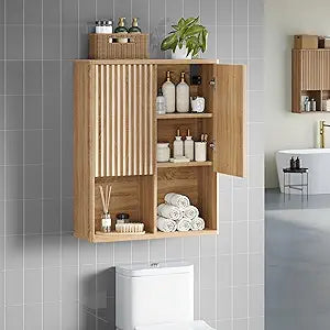 Modern Over The Toilet Storage Cabinet, Fluted Bathroom Wall Cabinet With 2 Doors and Adjustable Shelves, Curved Profile Wooden Medicine Cabinet Wall Mounted Cupboard for Laundry Kitchen Dining Room