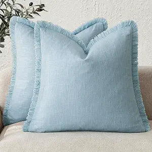 Foindtower Set of 2 Decorative Linen Fringe Throw Pillow Covers Cozy Boho Farmhouse Cushion Cover with Tassels Soft Accent Pillowcase for Couch Sofa Bed Living Room Home Decor,2020 Inch,Light Blue