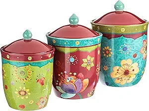 Tunisian Sunset 3-Piece Ceramic Canister Set  Colorful Floral Kitchen Storage Jars with Lids, Includes 104 oz., 72 oz., and 54 oz. Sizes for Flour, Sugar, Coffee & Dry Goods