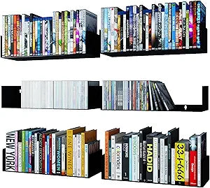 Wallniture Bali Black U Shape Floating Shelves for Wall, CD DVD Storage Shelves and Metal Bookshelf Set of 6