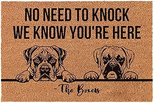 Funny Welcome Front Porch Patio Decor Mat For The Entrance Way Outdoor Personalized Rug with Heavy-Duty Non Slip Outdoor Coconut Coir Doormat 23.6 x 15.7inch (We Know You're Here The Boxer Dog)