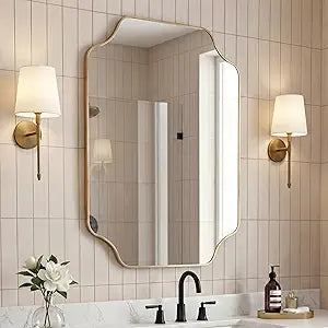 JONATHAN Y Alora Gold Scalloped Rectangular Metal Framed Wall Mounted Mirror 24" x 36" Arched Corners Iron for Bathroom Vanity Entryway Horizontal or Vertical Hanging MIR215A