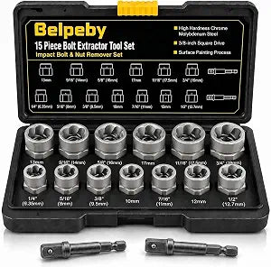 15-Piece Bolt Extractor Kit, Stripped Bolt & Nut Remover Set