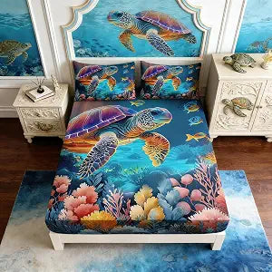 Coastal Bedding Turtle Fitted Sheet Set Queen Size,Undersea World Fitted Sheet for Kids Boys Girls Room Decor,Colorful Coral Aquatic Plants Beach Themed Bedding,1 Fitted Sheet+2 Pillowcases.