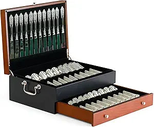 boldworks Silverware Storage Box Silverware Chest Case for Silver Flatware for 14 with Lid Tarnish Proof Felt Lined Partition Drawer and Polishing Cloth