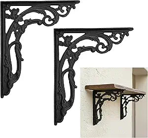 Mystic Colonial 9" x 7.5" Heavy Duty Cast Iron Shelf Brackets Decorative L-Shaped Black Wall Supports  Vintage Victorian, Gothic, Steampunk, Baroque & Farmhouse Style Hardware : Pack of 2