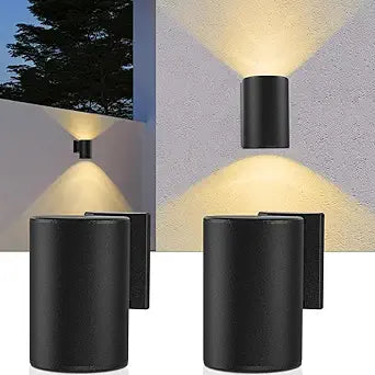 Solar Wall Lights Outdoor 2 Pack, Up and Down Lighting Solar Wall Sconce, Dusk to Dawn Warm White LED, IP65 Waterproof Exterior Decorative Lights for Porch, Patio, Fence, Garage, Garden