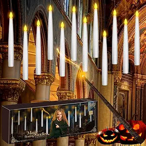 20pcs Flameless Taper Candles with Remote, 3D Window Candle, Floating Hanging Candles with Wand, 6.3IN Led Taper Candle Battery Operated, Christmas Decor for Home Wedding,Halloween