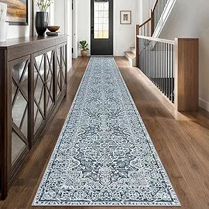 KUTA Extra Long Runners for Hallways 2.6x18ft Non-Slip Washable, Blue White Vintage Kitchen Rug, Stair Runners Indoor Ultra Soft Printed Floral Medallion Carpet for Bedroom Living Room Nursery