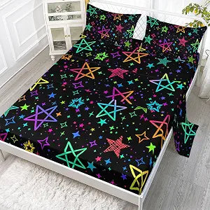 Glitter Stars Sheets Set 4Pcs for Kids, Black Art Colorful Neon Star Printed Sheet Set with 1 Flat Sheet and 1 Fitted Sheet + 2 Pillowcases(Glitter Stars Queen)