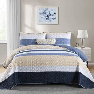 Dinjoy Queen Boho Striped Quilt Set, Blue Lightweight Bedspread Bedding