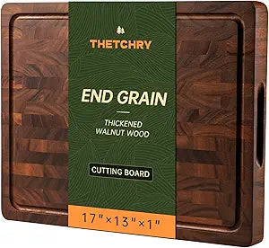 THETCHRY Walnut Cutting Boards for Kitchen, End Grain Wooden Cutting Board, Large Chopping Board Double Sided with Handle, Thick Butcher Block Charcuterie Meal Prep & Serving with Gift Box, 17"13"1"