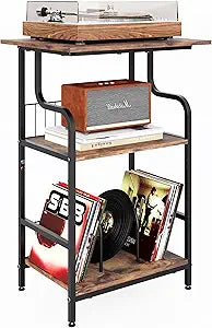Record Player Stand, 3-Tier Record Player Table, Vinyl Record Storage with Extra-Large Desktop, Turntable Stand End Table for Vinyl Record, Record Holder for Living Room - Rustic Brown