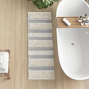 Ink+Ivy Bath Rug Hand-Woven Texture Shaggy Striped Soft & Water Absorbent, Boho Bathroom Dcor Bath-Mats, Non-Slip Absorbent Quick Dry Mats for Tub, Shower Room, Asher, 22x58 Grey