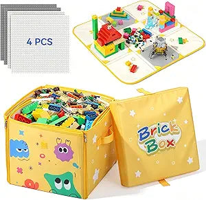 2-in-1 Foldable Building Block Play Mat & 30 QT Toy Storage Bag with Lid, 12.6x12.6x11, Includes 4pcs 10x10 Baseplates Compatible with Lego Building Blocks, Zip-Close Design for Kids Room & Travel