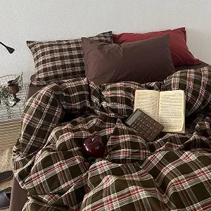 Plaid Duvet Cover Queen Size Red Brown Gingham Duvet Cover Set Vintage Checkered Grid Soft Lightweight Microfiber Bedding Set with Zipper Closure and 2 Pillowcases (No Comforter)