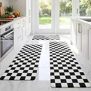 Black Checkered Grid Checkerboard Kitchen Rug Sets [3 PCs], Anti-Fatigue, Waterproof Non-Slip Kitchen Mats Heavy Duty Ergonomic Comfort Foam Rug for Floor, Home, Laundry,17" Wx29/47/59L