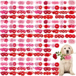 Abbylike 150 Pcs Mother's Day Dog Flower Bow Collar Bulk, 30 Styles Adjustable Puppy Bow Ties with Rhinestone Pearl Heart for Small to Medium Pet Mothers Day Wedding Summer Party Grooming Accessories