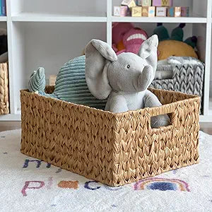 CROS Large Waterproof Woven Plastic Storage Basket with Handles, Decorative Shelf Organizer Bin for Bathroom, Closet, Laundry Room 16.53 x 12.8 x 7.5, Natural