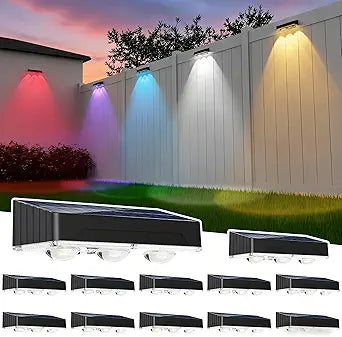 Solar Fence Lights Outdoor Waterproof12pack High Brightness LED Spot Lens Deck Lights 10 Mode & RGB Solar Powered Wall Lighting Decor for Outside Wall, Deck, Patio, Yard, (Black-3lens, 12 pack)